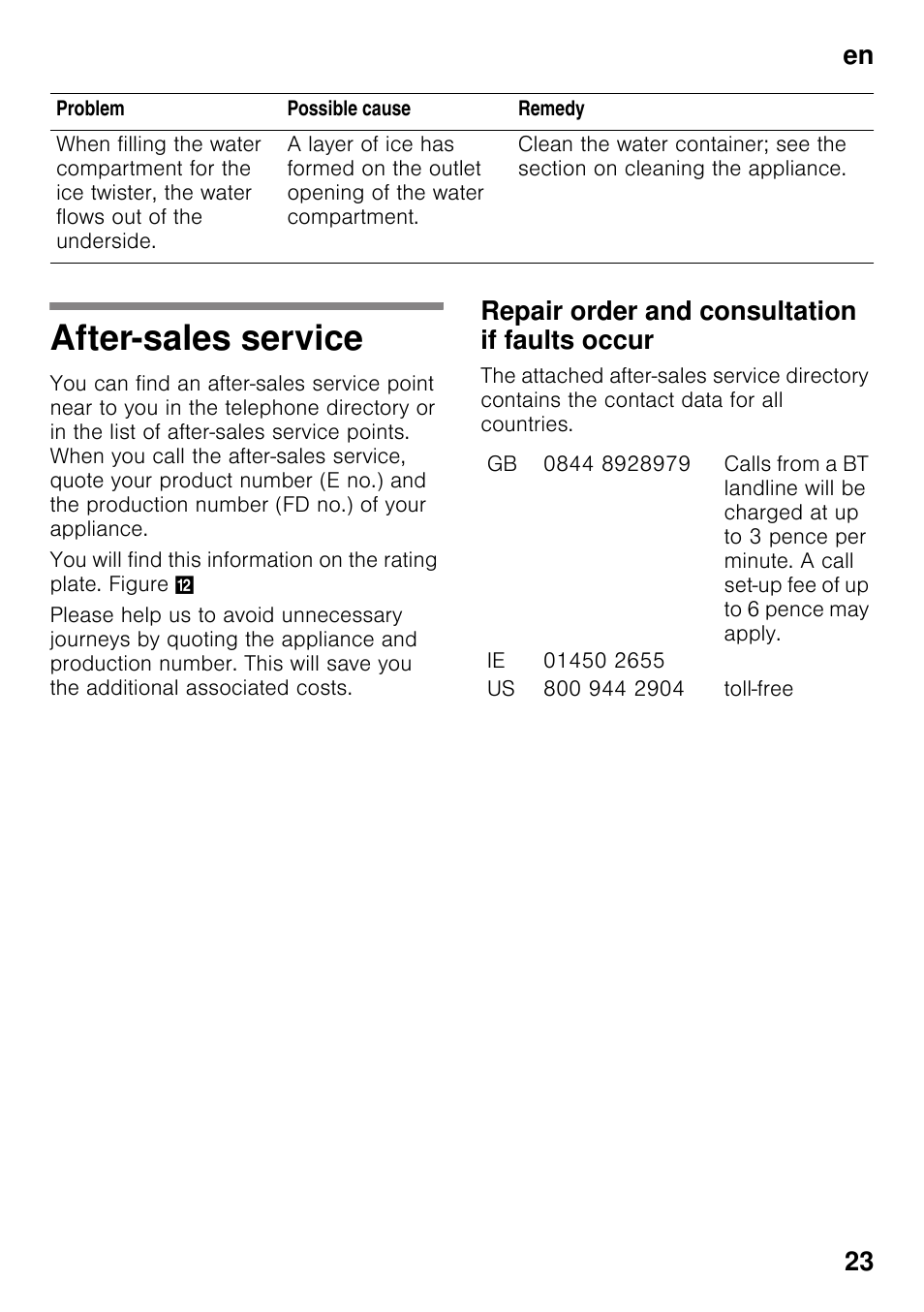 After-sales service, Repair order and consultation if faults occur, En 23 | Bosch KDD74AL20N Frigo-congelatore da libero posizionamento Inox look User Manual | Page 23 / 109