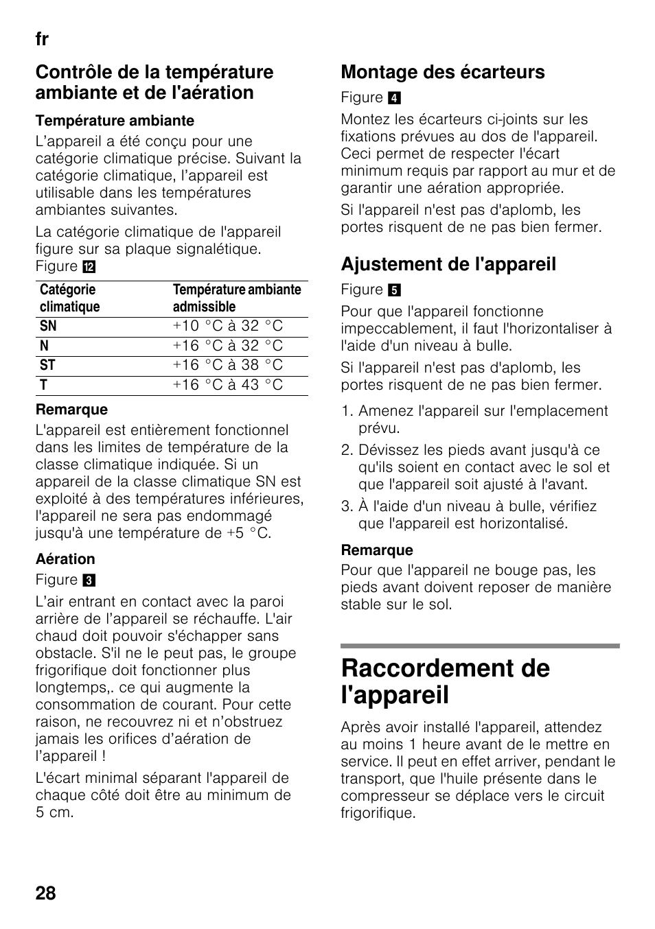 Température ambiante, Aération, Montage des écarteurs | Ajustement de l'appareil, Raccordement de l'appareil | Bosch KDD74AL20N Frigo-congelatore da libero posizionamento Inox look User Manual | Page 28 / 109