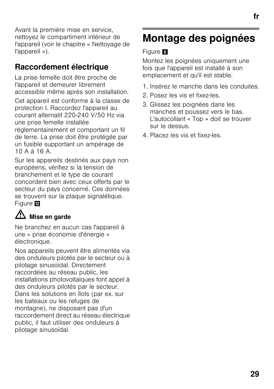 Raccordement électrique, Montage des poignées, Fr 29 | Bosch KDD74AL20N Frigo-congelatore da libero posizionamento Inox look User Manual | Page 29 / 109