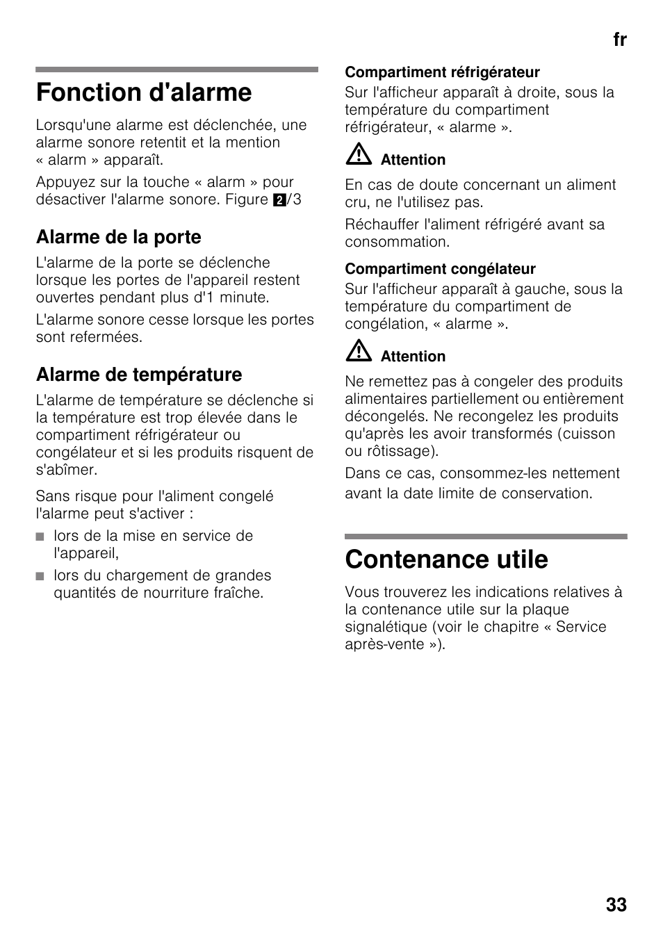 Fonction d'alarme, Alarme de la porte, Alarme de température | Compartiment réfrigérateur, Compartiment congélateur, Contenance utile, Fonction d'alarme contenance utile, Fr 33 | Bosch KDD74AL20N Frigo-congelatore da libero posizionamento Inox look User Manual | Page 33 / 109