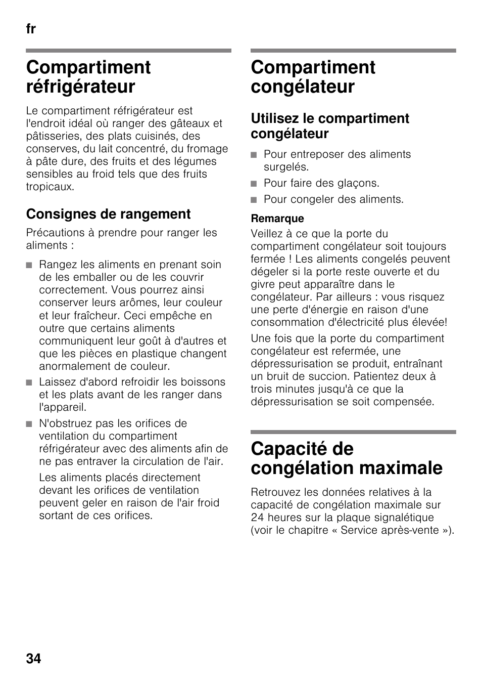 Compartiment réfrigérateur, Consignes de rangement, Compartiment congélateur | Utilisez le compartiment congélateur, Capacité de congélation maximale, Fr 34 | Bosch KDD74AL20N Frigo-congelatore da libero posizionamento Inox look User Manual | Page 34 / 109