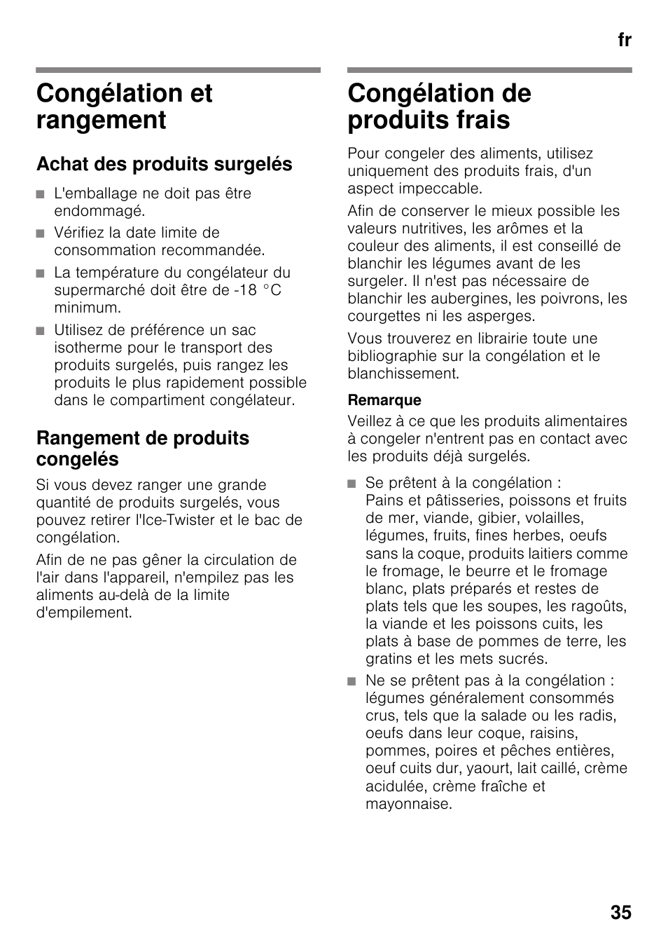 Congélation et rangement, Achat des produits surgelés, Rangement de produits congelés | Congélation de produits frais, Fr 35 | Bosch KDD74AL20N Frigo-congelatore da libero posizionamento Inox look User Manual | Page 35 / 109