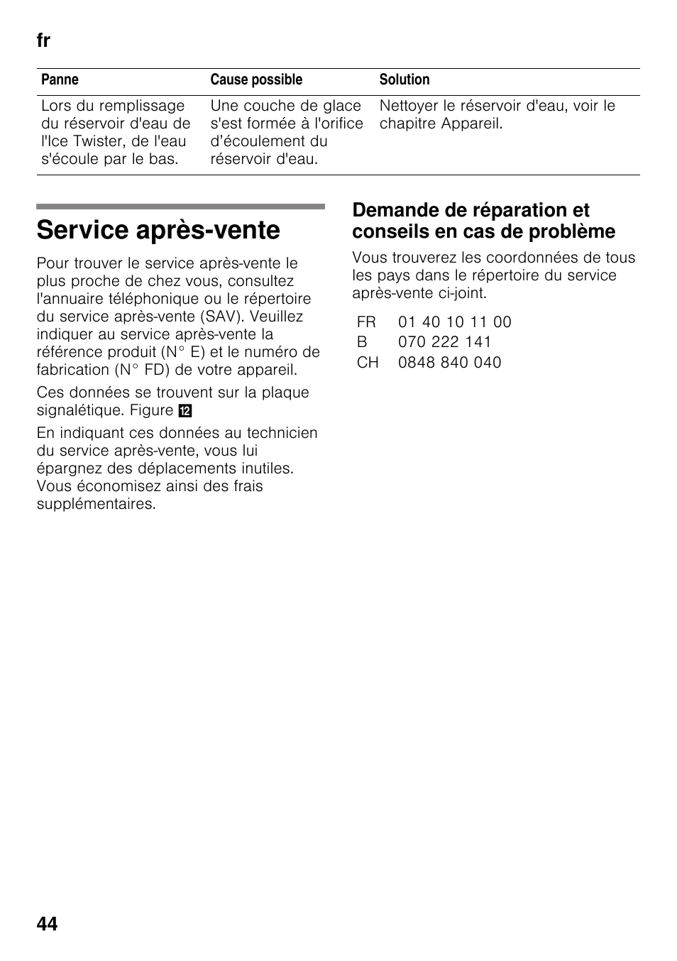 Service après­vente, Vente, Fr 44 | Bosch KDD74AL20N Frigo-congelatore da libero posizionamento Inox look User Manual | Page 44 / 109