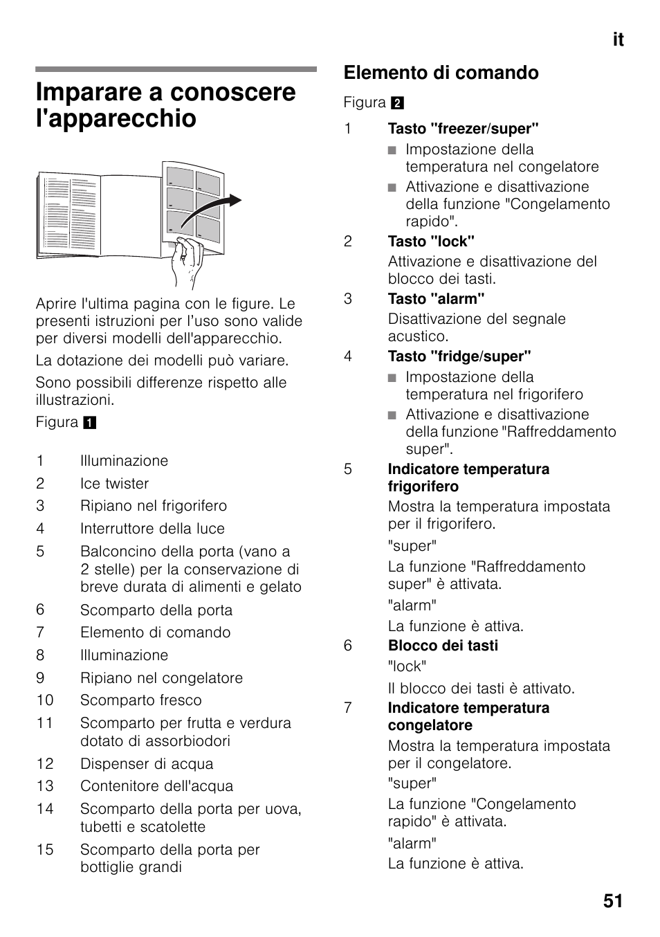 Imparare a conoscere l'apparecchio, Elemento di comando, Imparare a conoscere l'apparecchio 51 | It 51 | Bosch KDD74AL20N Frigo-congelatore da libero posizionamento Inox look User Manual | Page 51 / 109