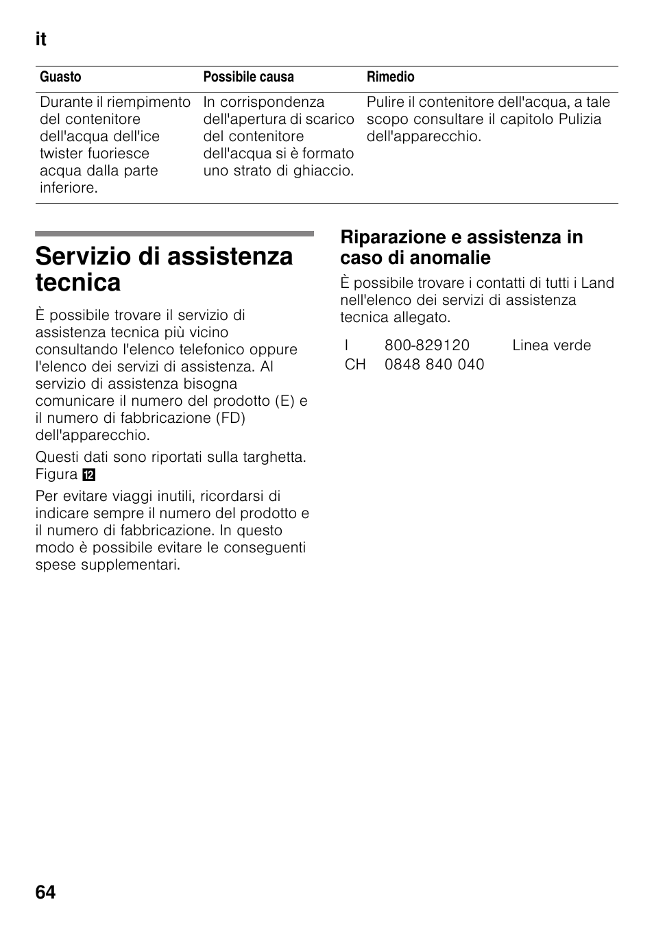 Servizio di assistenza tecnica, Riparazione e assistenza in caso di anomalie, It 64 | Bosch KDD74AL20N Frigo-congelatore da libero posizionamento Inox look User Manual | Page 64 / 109