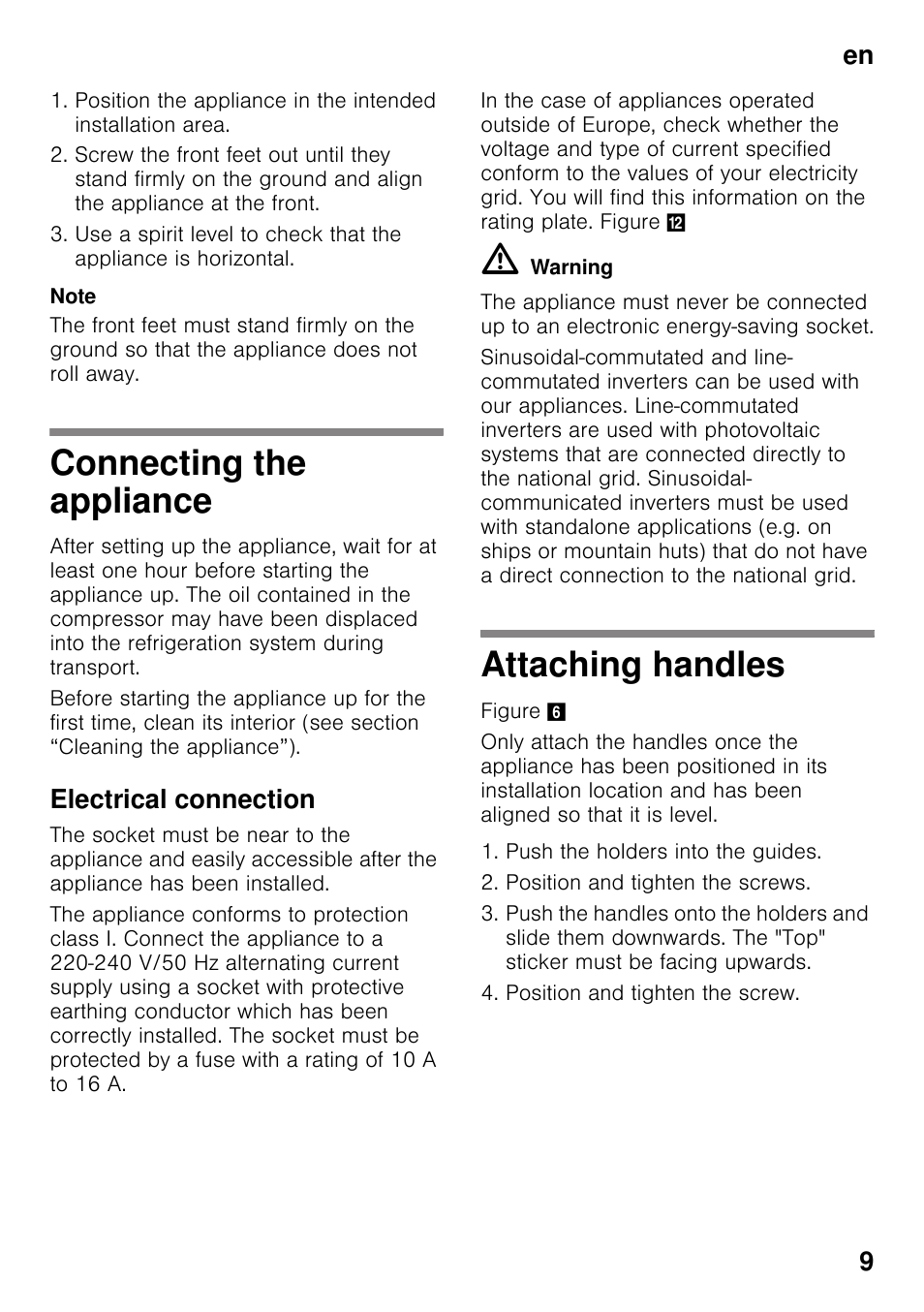 Connecting the appliance, Electrical connection, Attaching handles | Connecting the appliance attaching handles, En 9 | Bosch KDD74AL20N Frigo-congelatore da libero posizionamento Inox look User Manual | Page 9 / 109