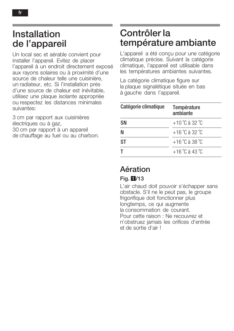 Installation de l'appareil, Contrôler la température ambiante, Aération | Bosch GIN38P60 Congelatore da una porta NoFrost Porta con cerniera piatta User Manual | Page 34 / 76