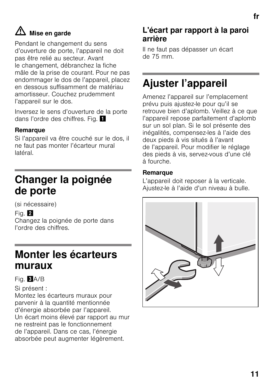 Changer la poignée de porte, Monter les écarteurs muraux, L'écart par rapport à la paroi arrière | Ajuster l’appareil, Fr 11 | Bosch KGN49VW20 User Manual | Page 11 / 43