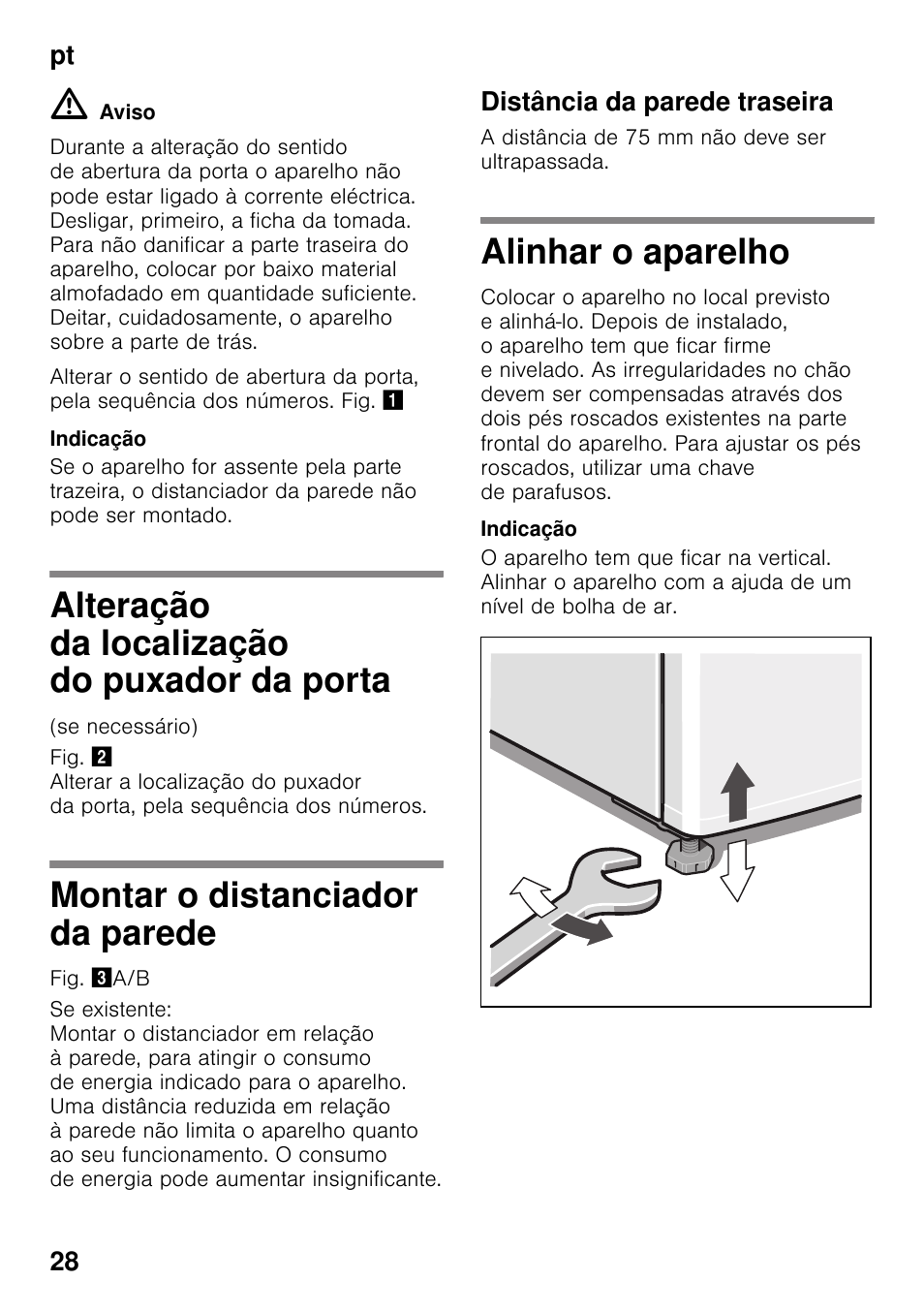 Alteração da localização do puxador da porta, Montar o distanciador da parede, Distância da parede traseira | Alinhar o aparelho | Bosch KGN49VW20 User Manual | Page 28 / 43