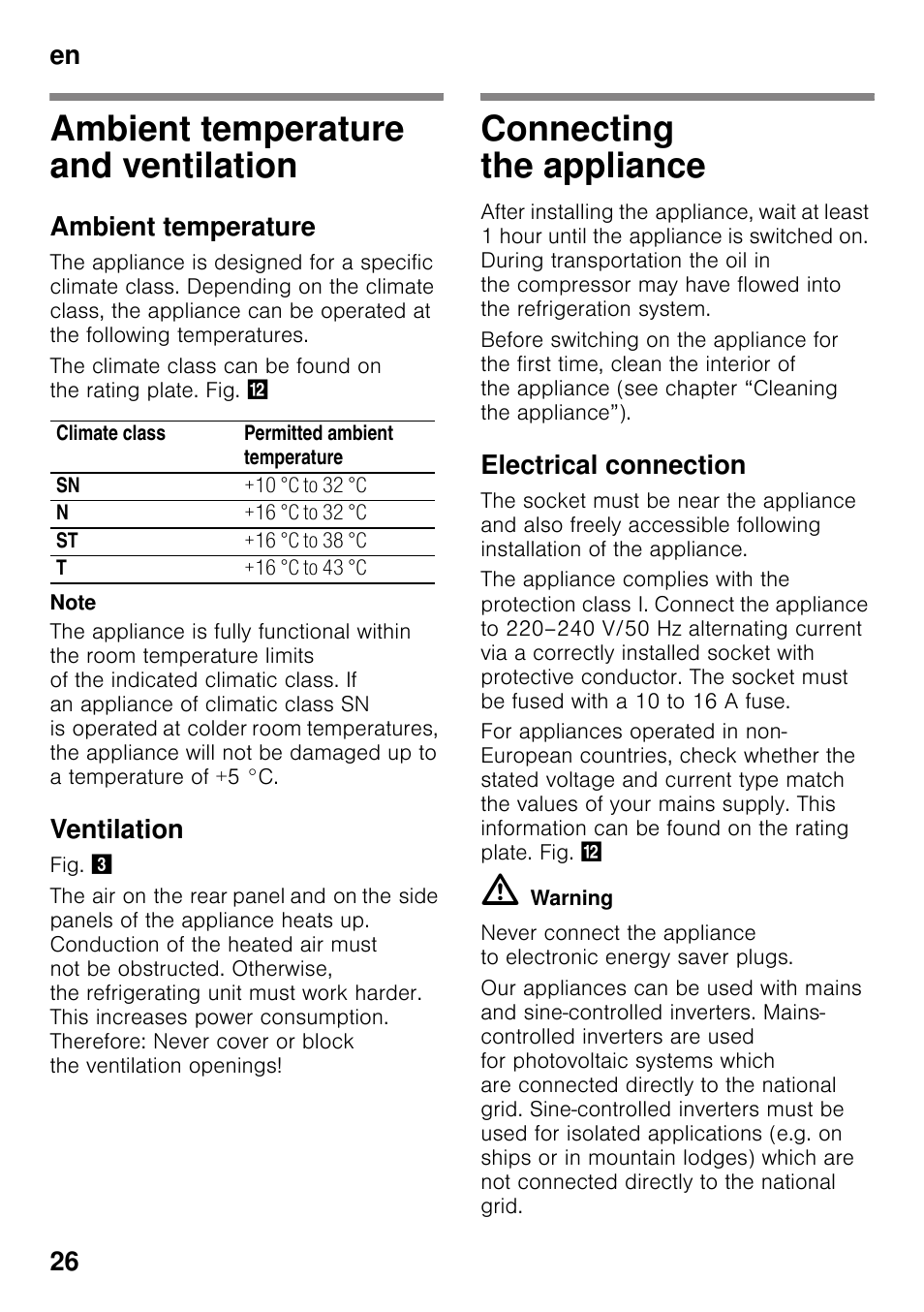 Ambient temperature and ventilation, Ambient temperature, Ventilation | Connecting the appliance, Electrical connection, Ventilation connecting the appliance, En 26 | Bosch KGN49VW20 Frigo-congelatore da libero posizionamento Bianco User Manual | Page 26 / 102