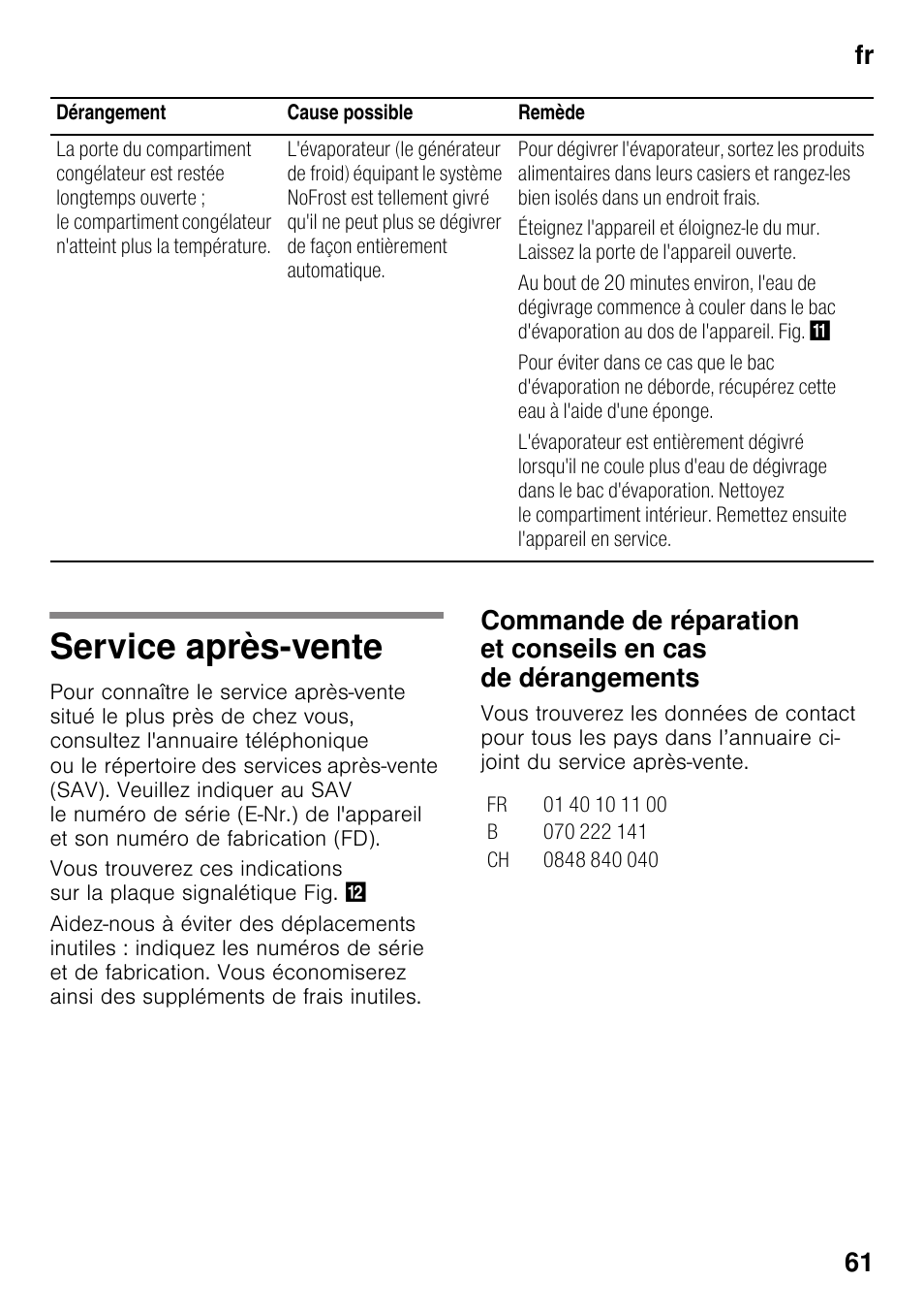 Service après-vente, Fr 61 | Bosch KGN49VW20 Frigo-congelatore da libero posizionamento Bianco User Manual | Page 61 / 102