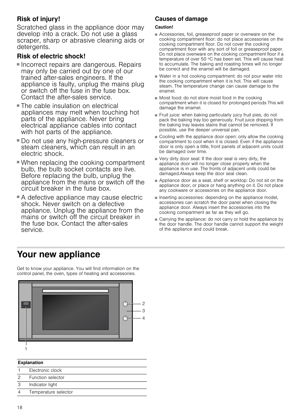 Risk of injury, Risk of electric shock, Risk of electric shock and serious injury | Causes of damage, Caution, Your new appliance | Bosch HVA541NS0 Forno da incasso 90 cm User Manual | Page 18 / 84