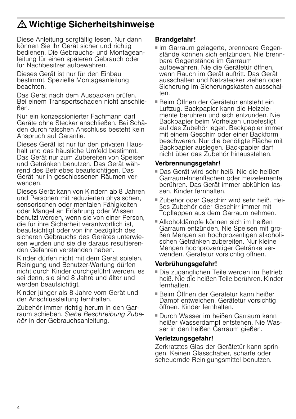 Wichtige sicherheitshinweise, Brandgefahr, Verbrennungsgefahr | Verbrühungsgefahr, Verletzungsgefahr, Weise | Bosch HVA541NS0 Forno da incasso 90 cm User Manual | Page 4 / 84