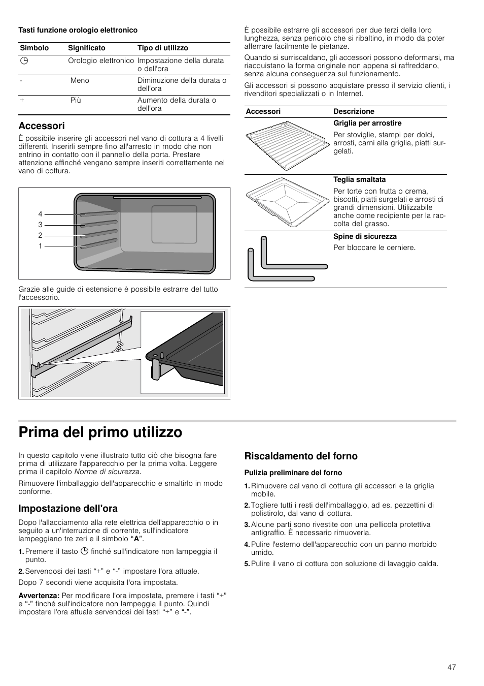 Accessori, Prima del primo utilizzo, Impostazione dell'ora | Avvertenza, Riscaldamento del forno, Pulizia preliminare del forno, Impostazione dell'ora riscaldamento del forno | Bosch HVA541NS0 Forno da incasso 90 cm User Manual | Page 47 / 84