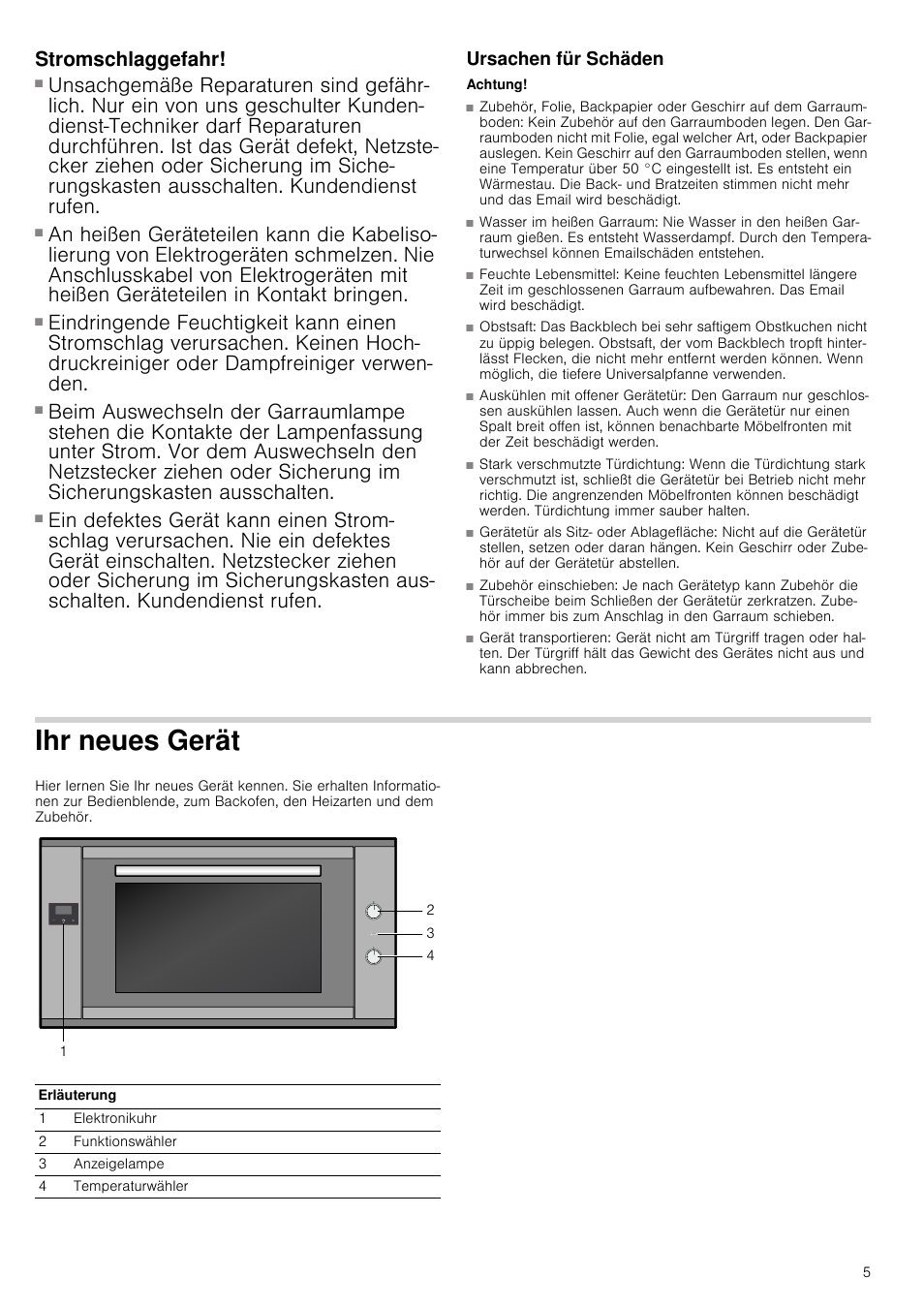 Stromschlaggefahr, Ursachen für schäden, Achtung | Ihr neues gerät | Bosch HVA541NS0 Forno da incasso 90 cm User Manual | Page 5 / 84
