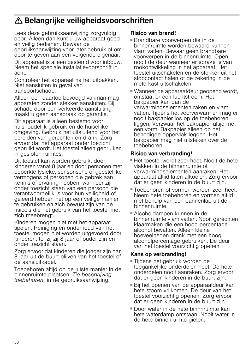Belangrijke veiligheidsvoorschriften, Risico van brand, Risico van verbranding | Kans op verbranding, Kans op verbrandingen | Bosch HVA541NS0 Forno da incasso 90 cm User Manual | Page 58 / 84