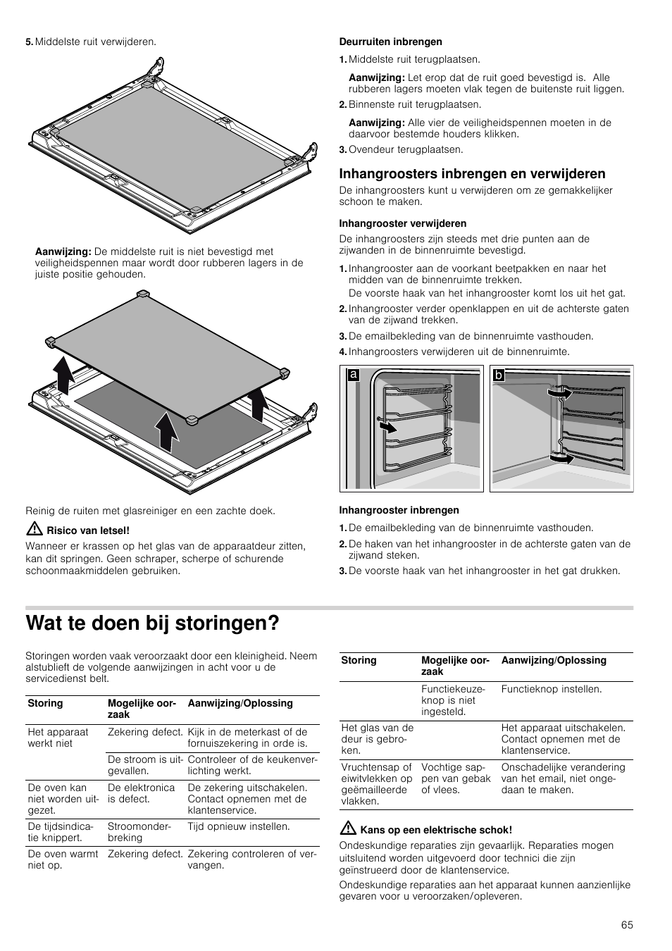 Middelste ruit verwijderen, Aanwijzing, Risico van letsel | Deurruiten inbrengen, Middelste ruit terugplaatsen, Binnenste ruit terugplaatsen, Ovendeur terugplaatsen, Inhangroosters inbrengen en verwijderen, Inhangrooster verwijderen, De emailbekleding van de binnenruimte vasthouden | Bosch HVA541NS0 Forno da incasso 90 cm User Manual | Page 65 / 84