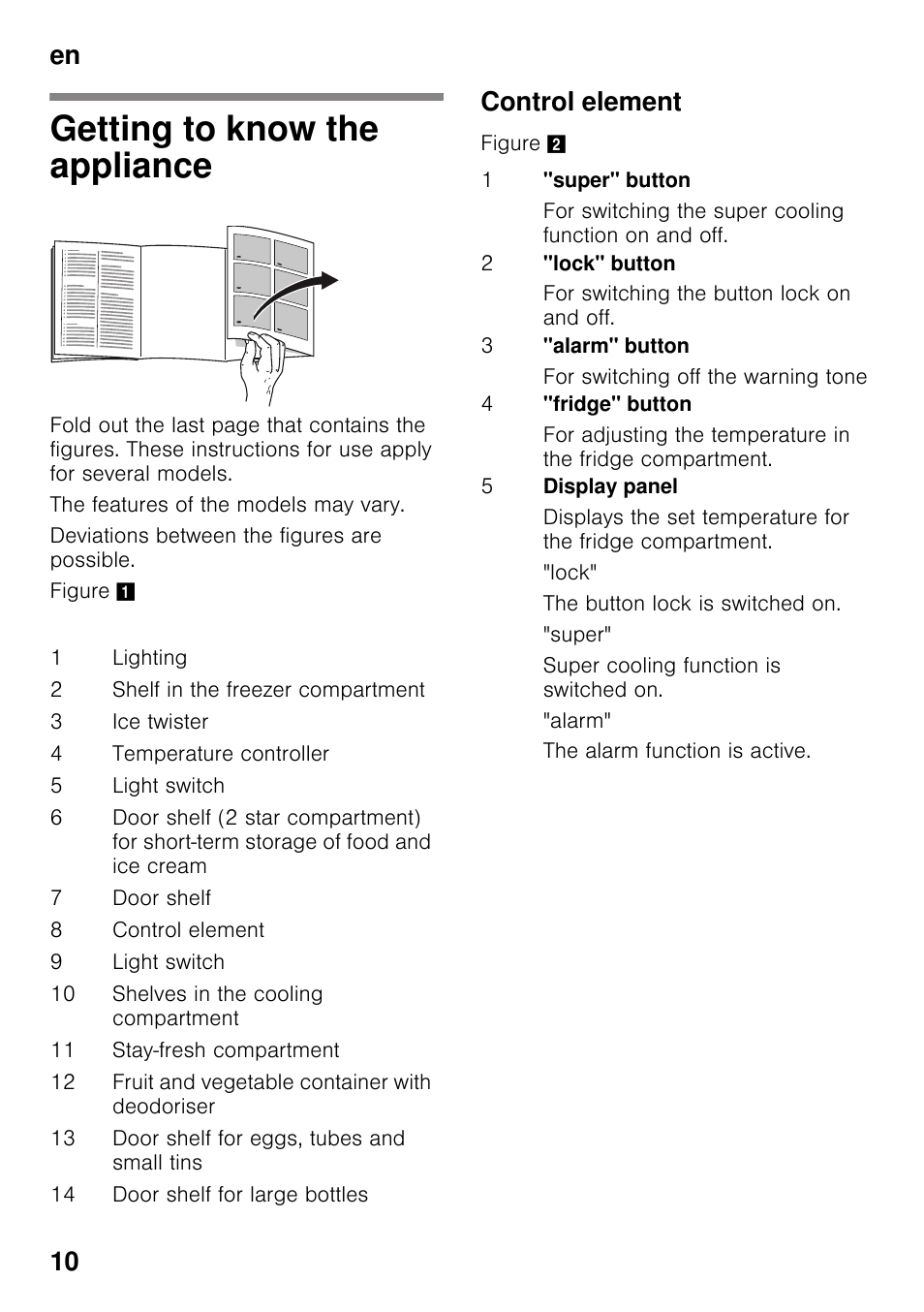 Getting to know the appliance, Control element, En 10 | Bosch KDN64VL20N Frigo-congelatore da libero posizionamento Inox look User Manual | Page 10 / 93