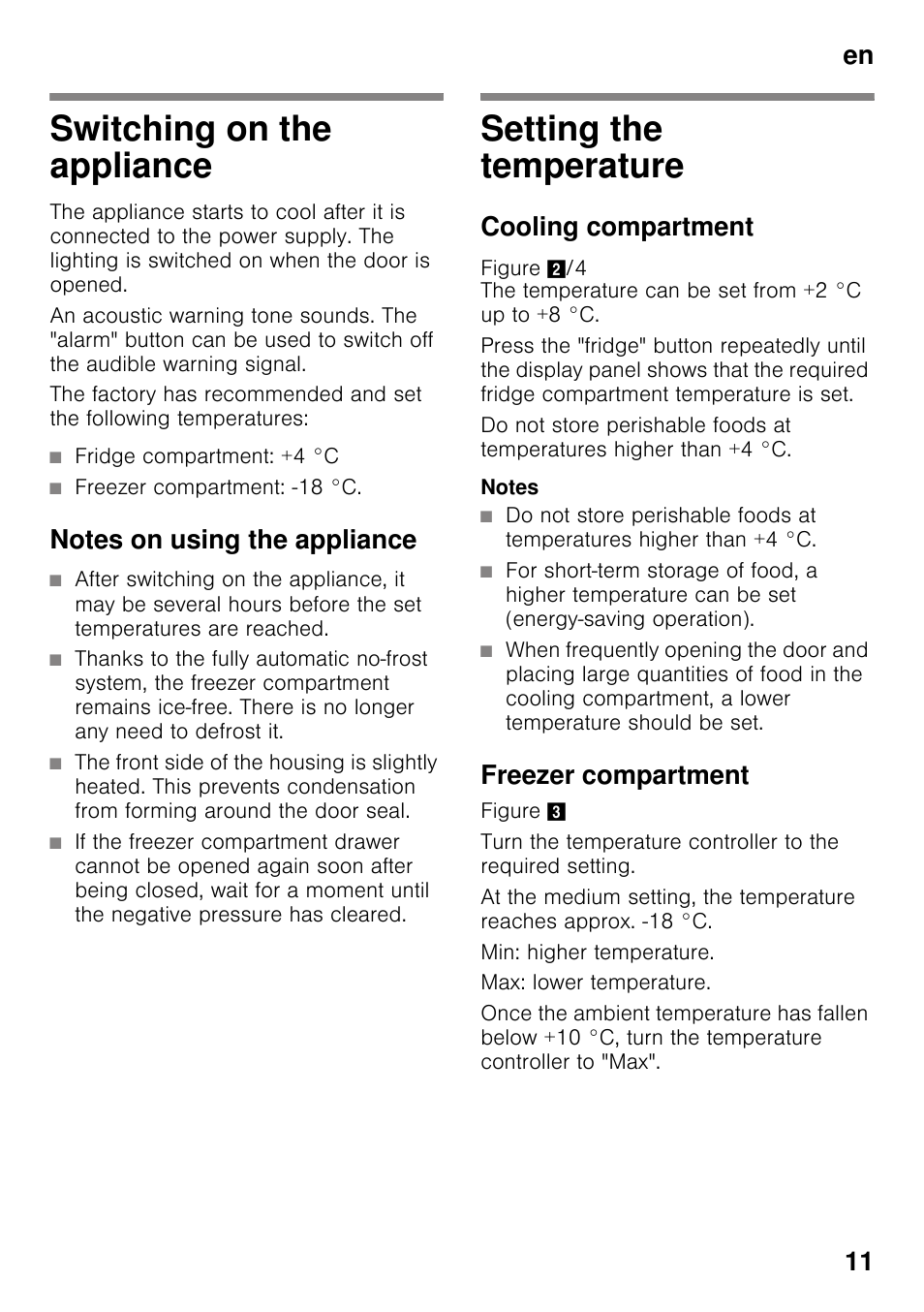 Switching on the appliance, Notes on using the appliance, Setting the temperature | Cooling compartment, Freezer compartment, Switching on the appliance setting the temperature, En 11 | Bosch KDN64VL20N Frigo-congelatore da libero posizionamento Inox look User Manual | Page 11 / 93