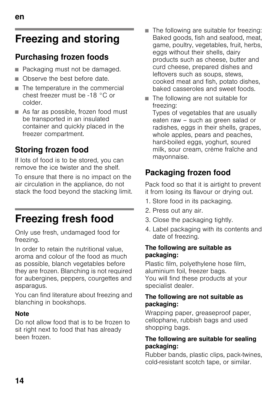 Freezing and storing, Purchasing frozen foods, Storing frozen food | Freezing fresh food, Packaging frozen food, The following are suitable as packaging, The following are not suitable as packaging, The following are suitable for sealing packaging, Freezing and storing freezing fresh food, En 14 | Bosch KDN64VL20N Frigo-congelatore da libero posizionamento Inox look User Manual | Page 14 / 93