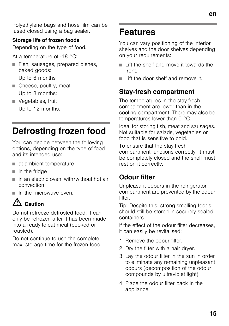 Storage life of frozen foods, Defrosting frozen food, Features | Stay-fresh compartment, Odour filter, Defrosting frozen food features, En 15 | Bosch KDN64VL20N Frigo-congelatore da libero posizionamento Inox look User Manual | Page 15 / 93
