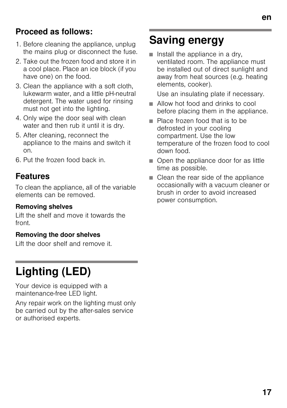 Proceed as follows, Features, Removing shelves | Removing the door shelves, Lighting (led), Saving energy, Lighting (led) saving energy, En 17 proceed as follows | Bosch KDN64VL20N Frigo-congelatore da libero posizionamento Inox look User Manual | Page 17 / 93