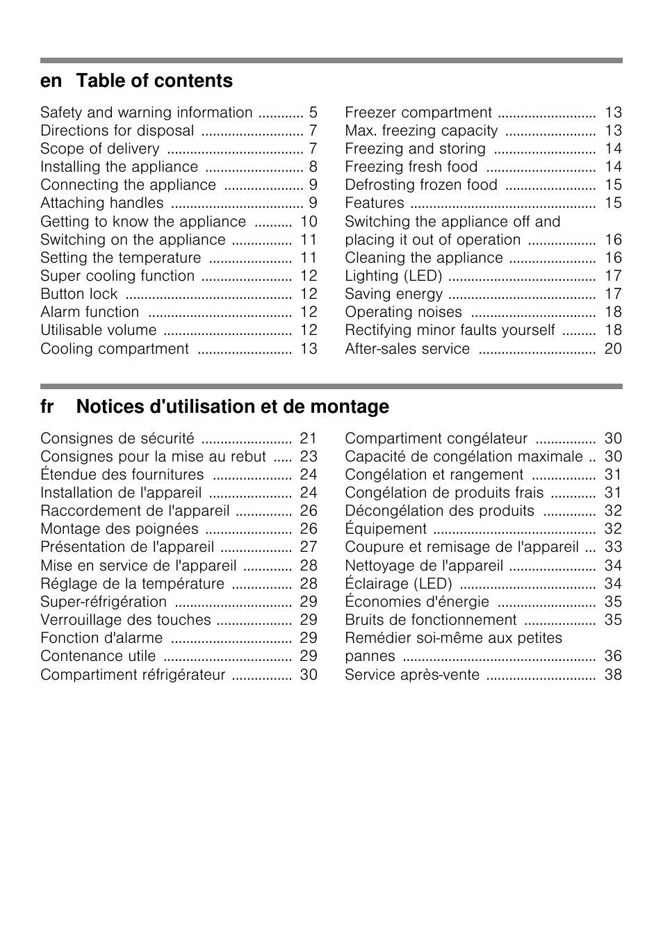 En table of contents, Fr notices d'utilisation et de montage | Bosch KDN64VL20N Frigo-congelatore da libero posizionamento Inox look User Manual | Page 2 / 93