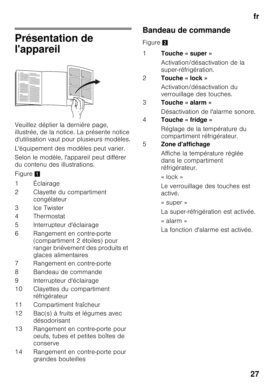 Présentation de l'appareil, Bandeau de commande, Fr 27 | Bosch KDN64VL20N Frigo-congelatore da libero posizionamento Inox look User Manual | Page 27 / 93