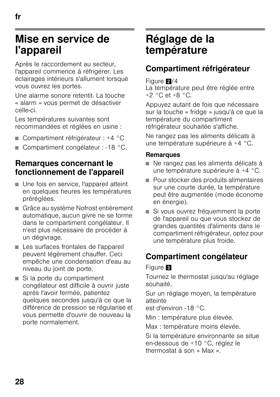 Mise en service de l'appareil, Réglage de la température, Compartiment réfrigérateur | Compartiment congélateur, Fr 28 | Bosch KDN64VL20N Frigo-congelatore da libero posizionamento Inox look User Manual | Page 28 / 93