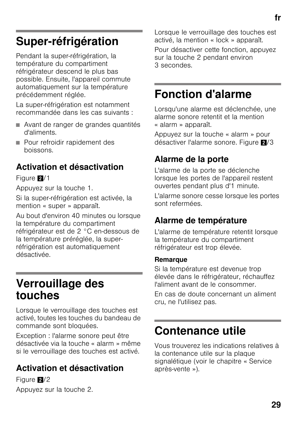 Super-réfrigération, Activation et désactivation, Verrouillage des touches | Fonction d'alarme, Alarme de la porte, Alarme de température, Contenance utile, Fr 29 | Bosch KDN64VL20N Frigo-congelatore da libero posizionamento Inox look User Manual | Page 29 / 93
