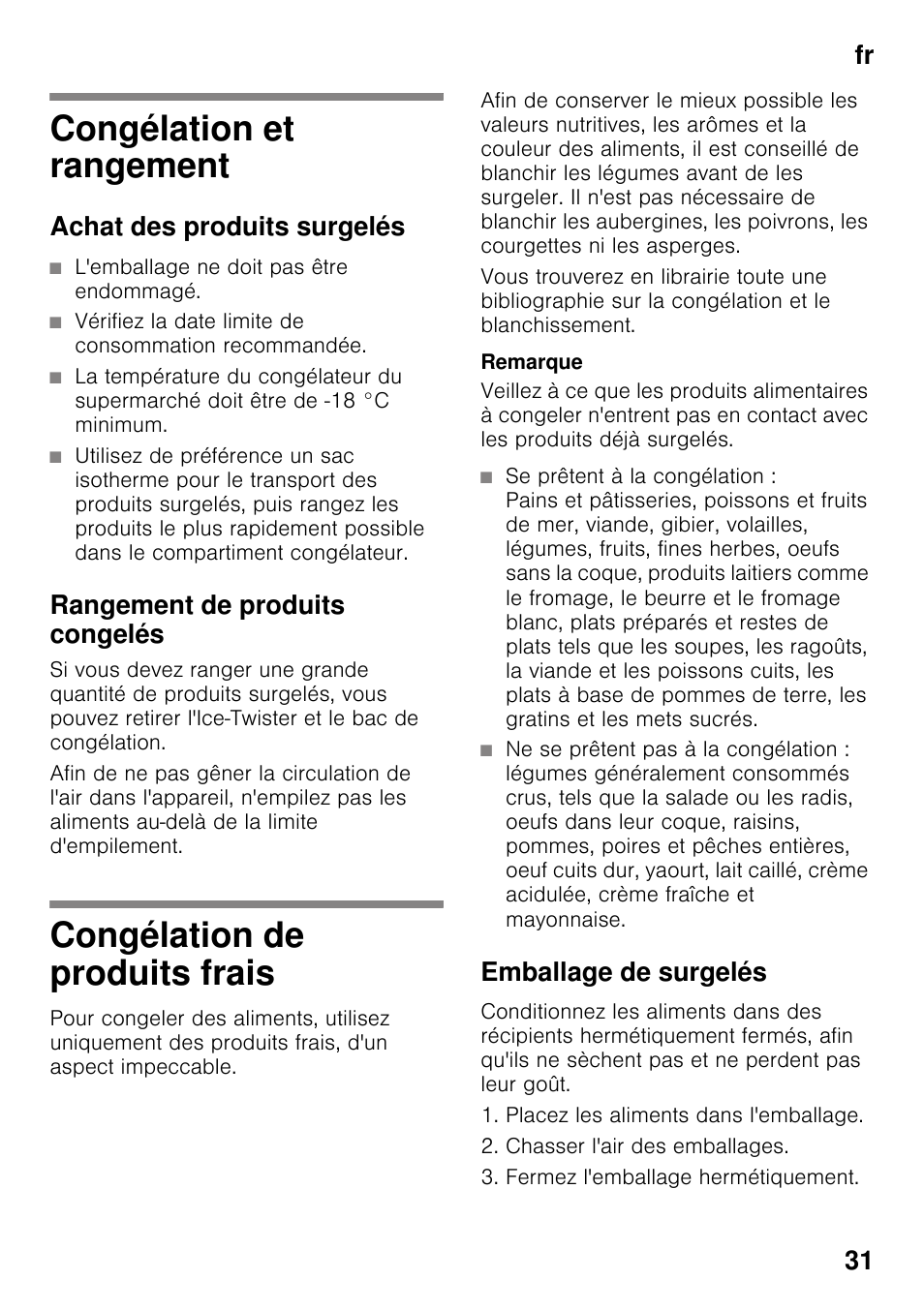 Congélation et rangement, Achat des produits surgelés, Rangement de produits congelés | Congélation de produits frais, Emballage de surgelés, Fr 31 | Bosch KDN64VL20N Frigo-congelatore da libero posizionamento Inox look User Manual | Page 31 / 93