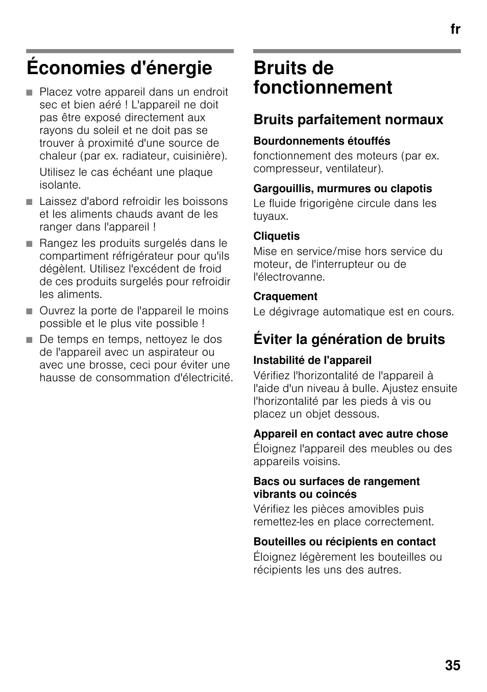 Économies d'énergie, Bruits de fonctionnement, Bruits parfaitement normaux | Bourdonnements étouffés, Gargouillis, murmures ou clapotis, Cliquetis, Craquement, Éviter la génération de bruits, Instabilité de l'appareil, Appareil en contact avec autre chose | Bosch KDN64VL20N Frigo-congelatore da libero posizionamento Inox look User Manual | Page 35 / 93
