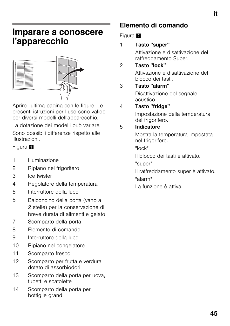 Imparare a conoscere l'apparecchio, Elemento di comando, Imparare a conoscere l'apparecchio 45 | It 45 | Bosch KDN64VL20N Frigo-congelatore da libero posizionamento Inox look User Manual | Page 45 / 93