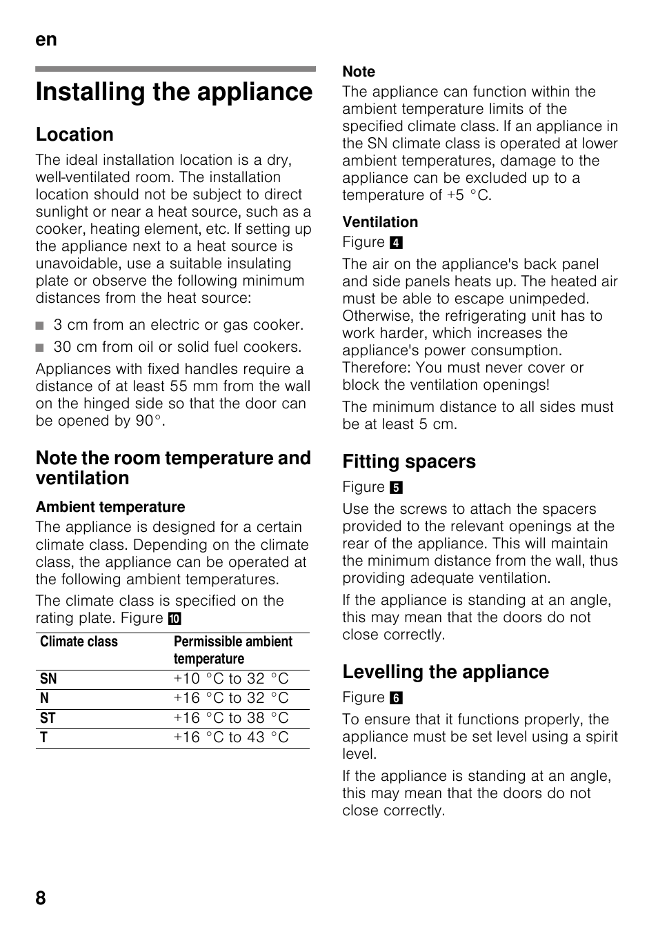 Installing the appliance, Location, Note the room temperature and ventilation | Ambient temperature, Ventilation, Fitting spacers, Levelling the appliance, En 8 | Bosch KDN64VL20N Frigo-congelatore da libero posizionamento Inox look User Manual | Page 8 / 93