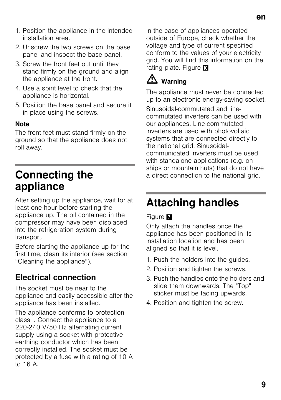 Connecting the appliance, Electrical connection, Attaching handles | Connecting the appliance attaching handles, En 9 | Bosch KDN64VL20N Frigo-congelatore da libero posizionamento Inox look User Manual | Page 9 / 93