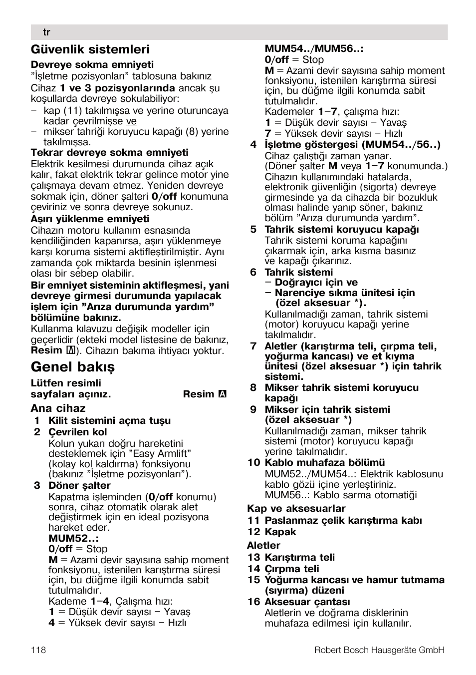 Genel bakýþ, Güvenlik sistemleri | Bosch MUM56S40 User Manual | Page 118 / 173