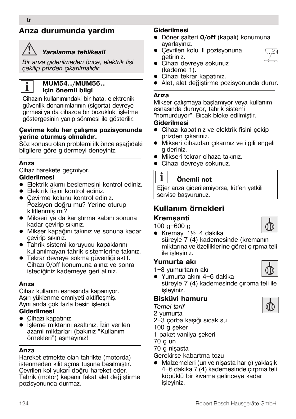 Arýza durumunda yardým, Kullaným örnekleri | Bosch MUM56S40 User Manual | Page 124 / 173