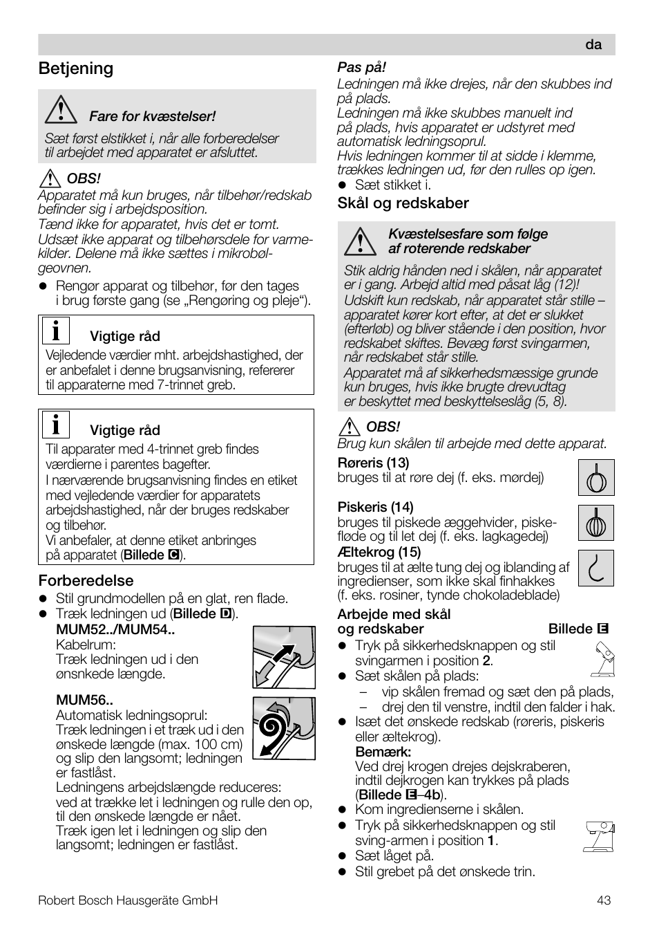 Betjening | Bosch MUM56S40 User Manual | Page 43 / 173