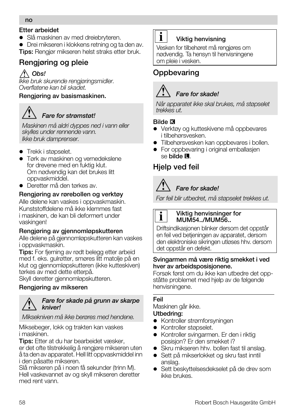 Rengjøring og pleie, Oppbevaring, Hjelp ved feil | Bosch MUM56S40 User Manual | Page 58 / 173