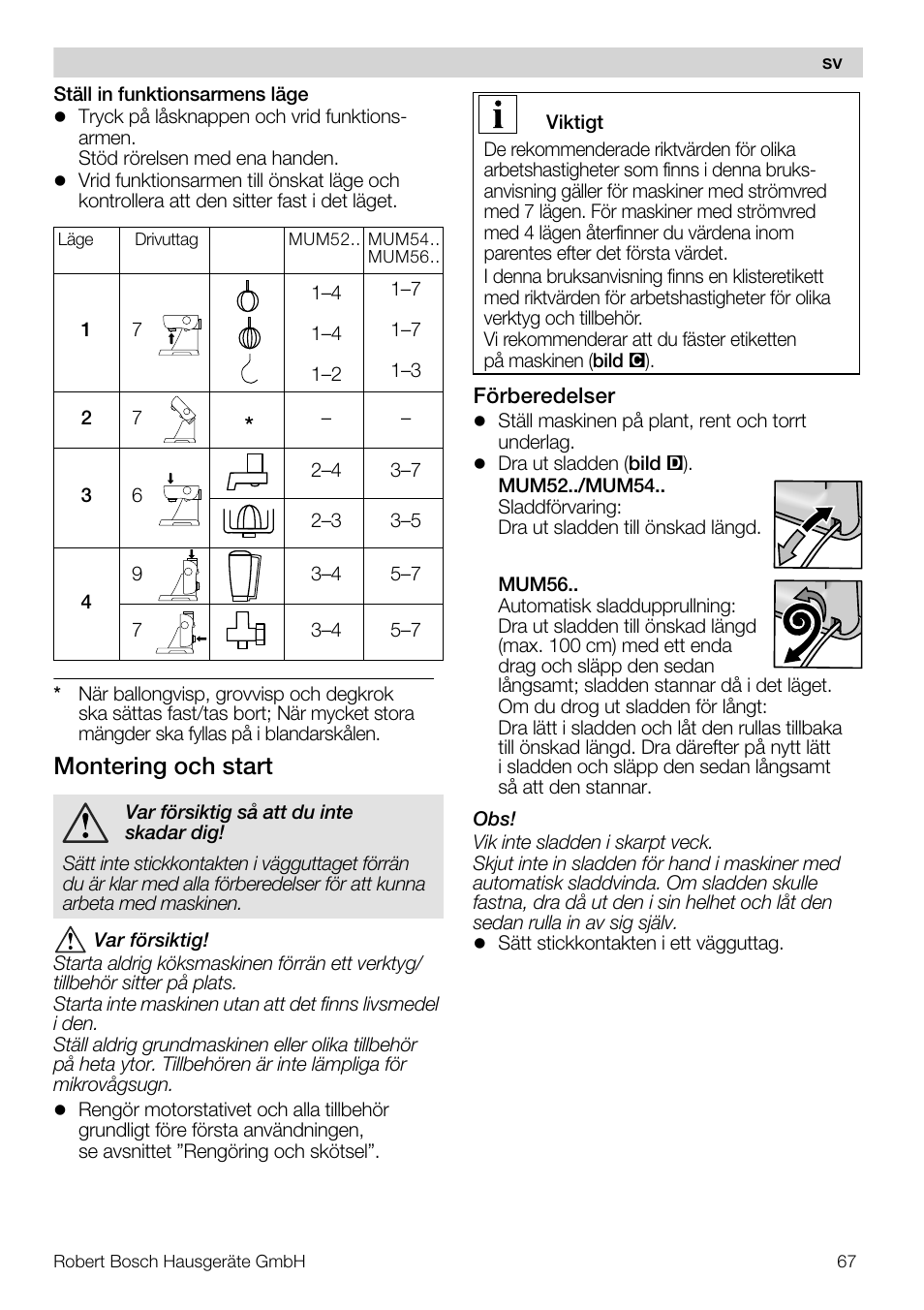 Montering och start | Bosch MUM56S40 User Manual | Page 67 / 173