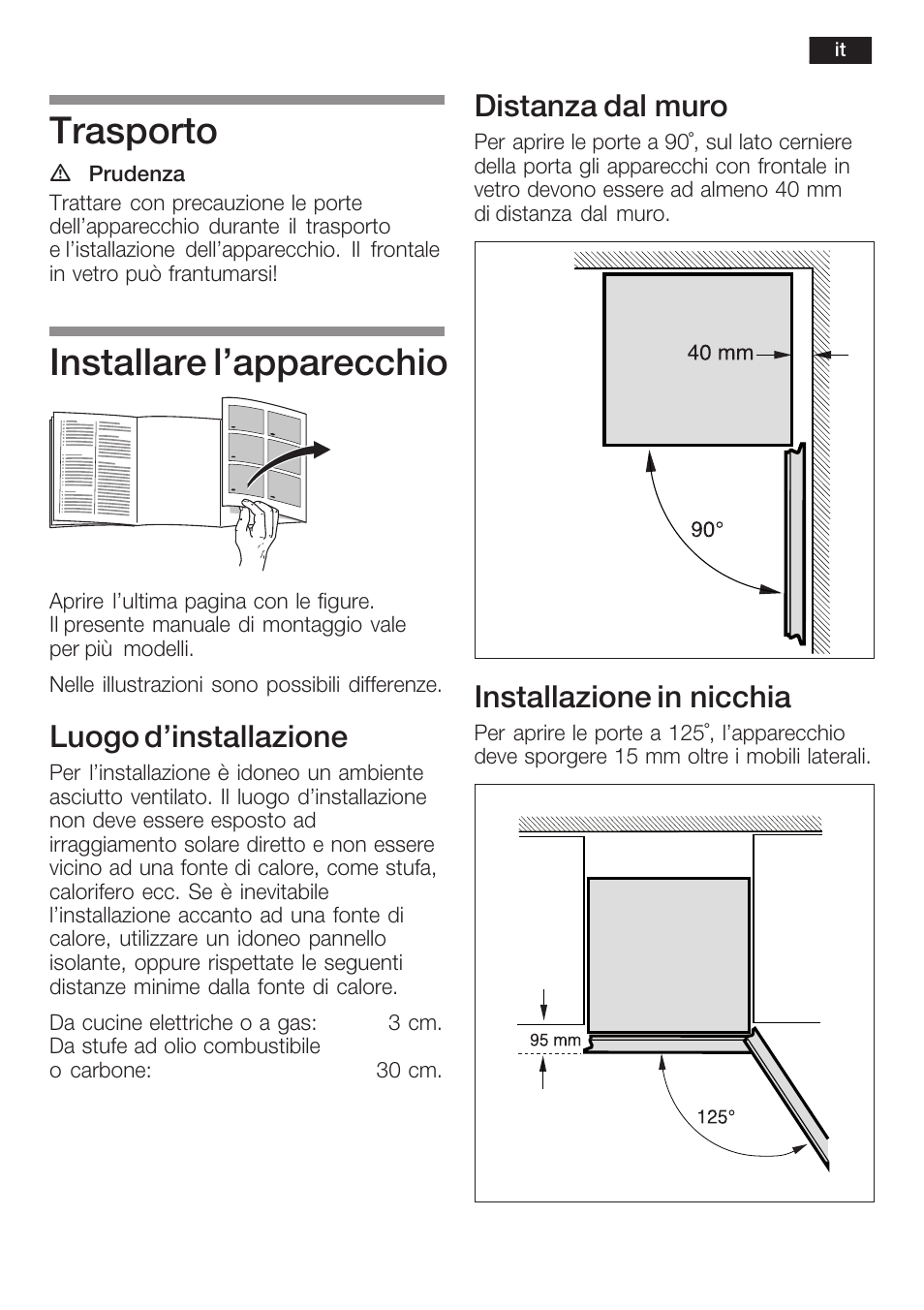 Trasporto, Installare l'apparecchio, Luogo d'installazione | Distanza dal muro, Installazione in nicchia | Bosch KGN36S56RU Климатический класс SN-T Класс энергопотребления A Система NoFrost в холодильном и морозильном отделениях Premium User Manual | Page 11 / 40
