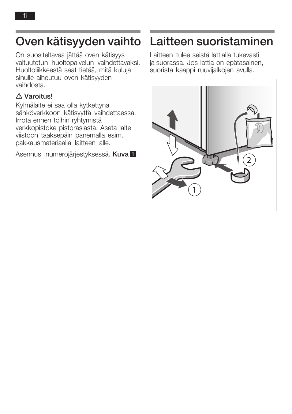 Oven kätisyyden vaihto, Laitteen suoristaminen | Bosch KGN36S56RU Климатический класс SN-T Класс энергопотребления A Система NoFrost в холодильном и морозильном отделениях Premium User Manual | Page 22 / 40