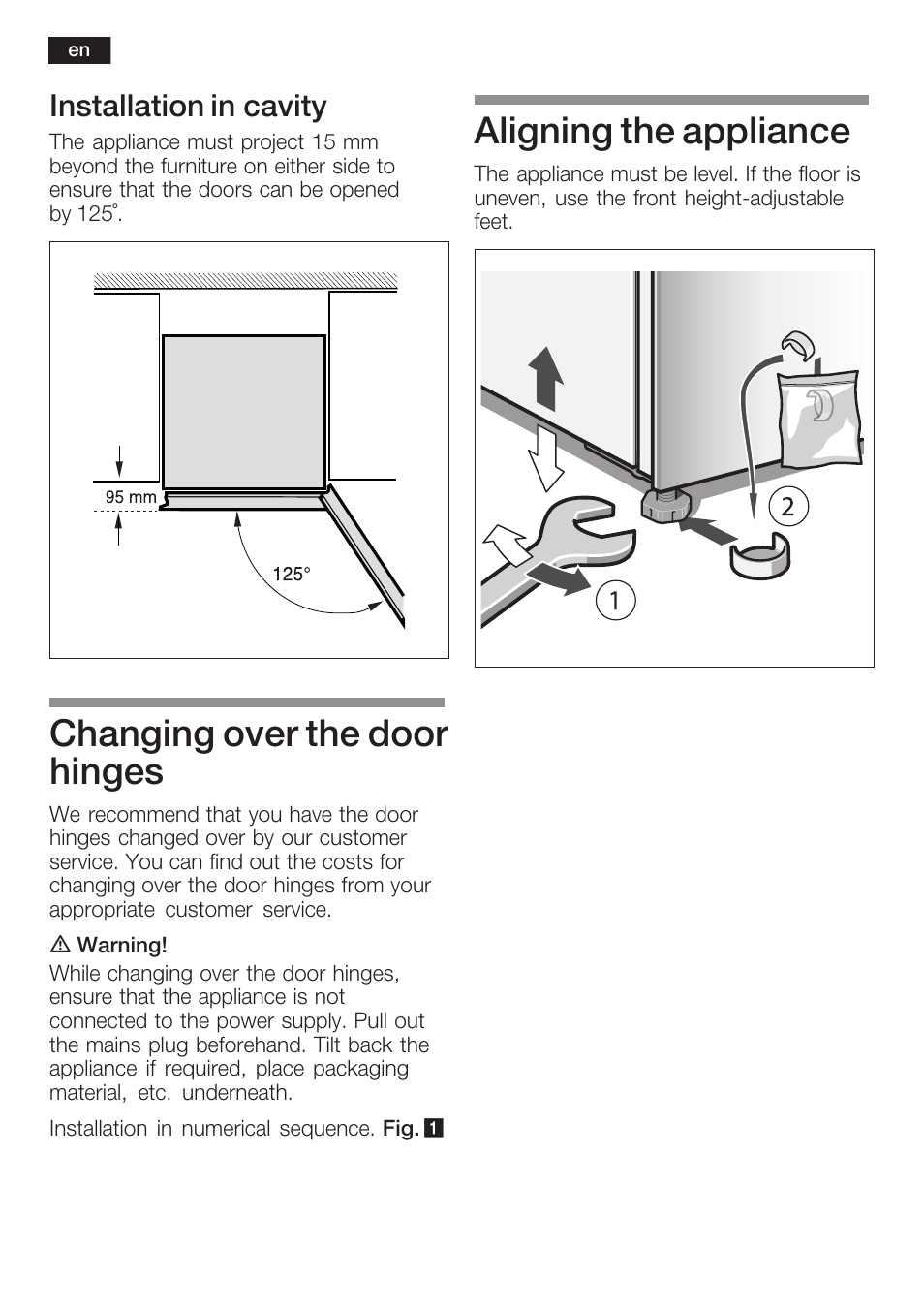 Changing over the door hinges, Aligning the appliance, Installation in cavity | Bosch KGN36S56RU Климатический класс SN-T Класс энергопотребления A Система NoFrost в холодильном и морозильном отделениях Premium User Manual | Page 8 / 40