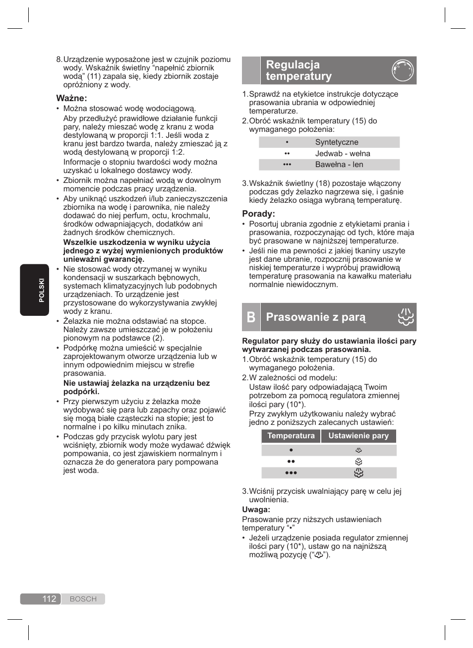 Regulacja temperatury, Prasowanie z parą | Bosch TDS4530 User Manual | Page 112 / 160