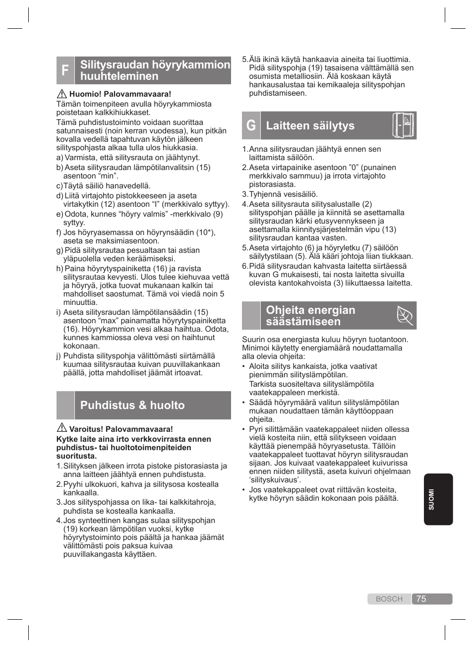 Silitysraudan höyrykammion huuhteleminen, Puhdistus & huolto, Laitteen säilytys | Ohjeita energian säästämiseen | Bosch TDS4530 User Manual | Page 75 / 160