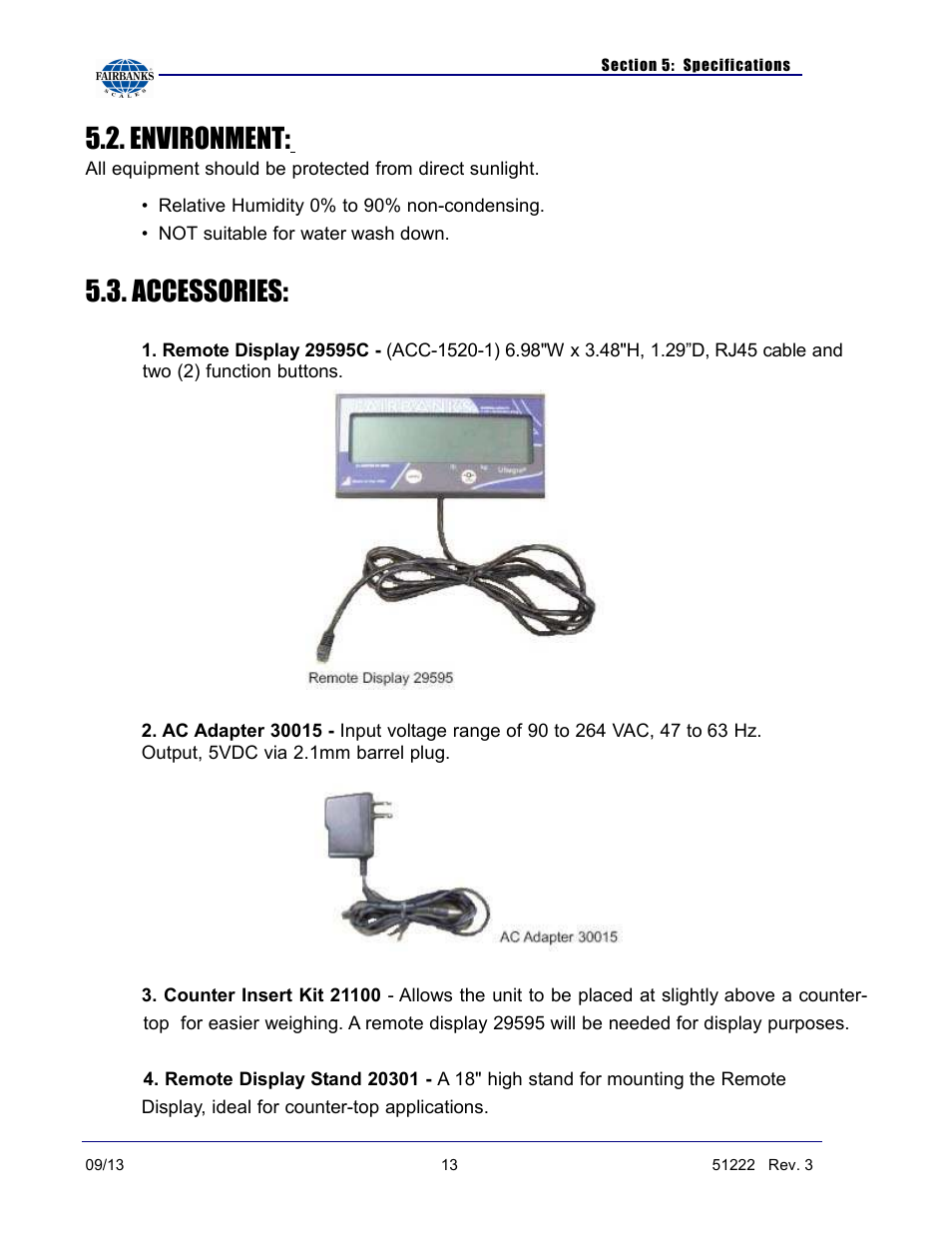 Environment, Accessories | Fairbanks SCB-R9000-14U Ultegra Bench Scale User Manual | Page 13 / 16