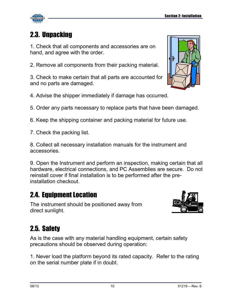 Unpacking, Equipment location, Safety | Fairbanks FB1100 Series Yellow Jacket FS Package (30047, 30048) User Manual | Page 10 / 70