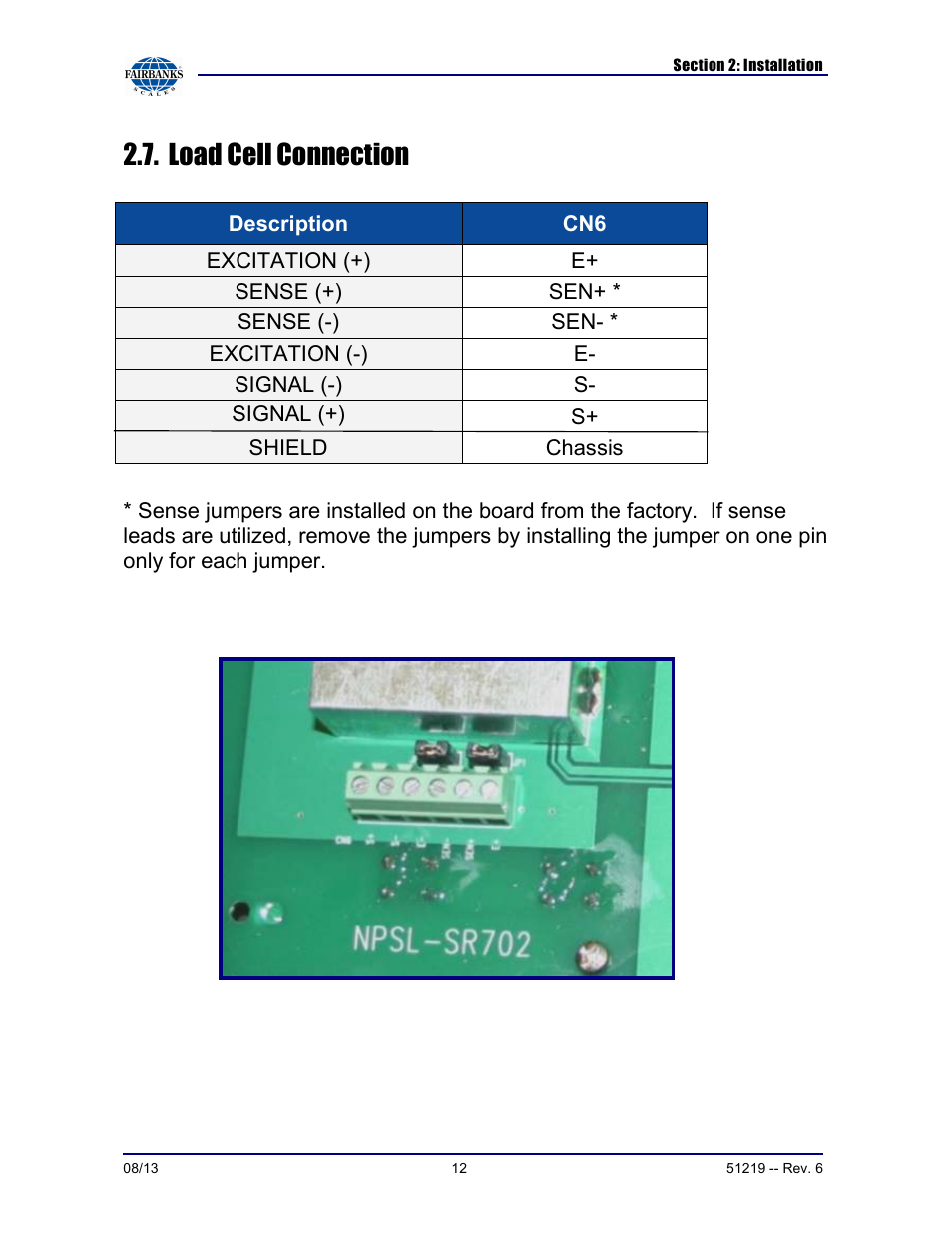 Load cell connection | Fairbanks FB1100 Series Yellow Jacket FS Package (30047, 30048) User Manual | Page 12 / 70