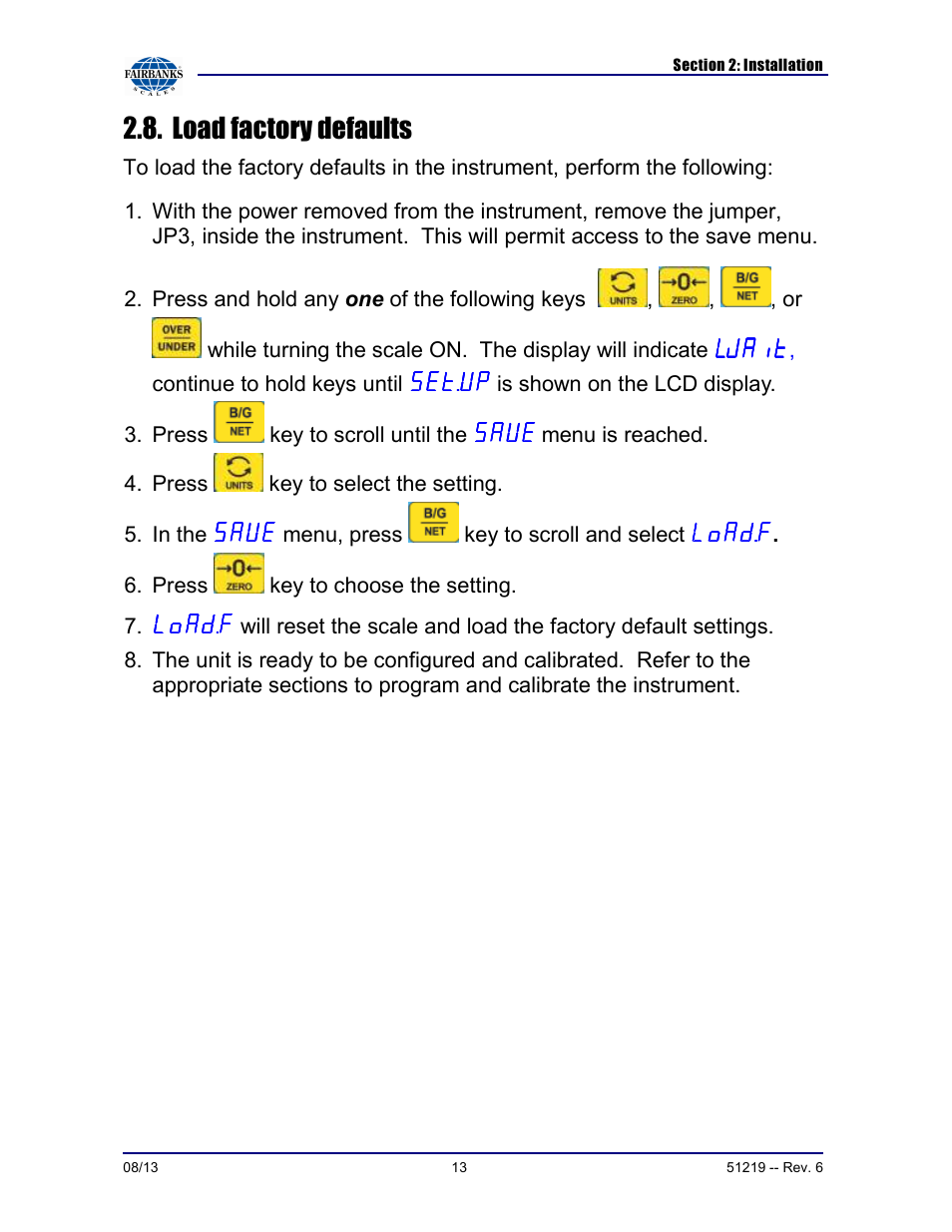Load factory defaults | Fairbanks FB1100 Series Yellow Jacket FS Package (30047, 30048) User Manual | Page 13 / 70