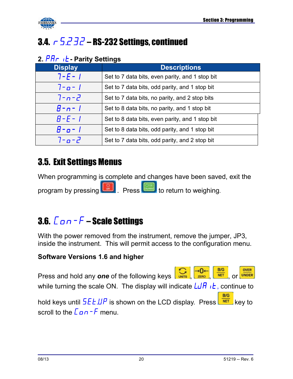 – rs-232 settings, continued, Exit settings menus, – scale settings | Fairbanks FB1100 Series Yellow Jacket FS Package (30047, 30048) User Manual | Page 20 / 70